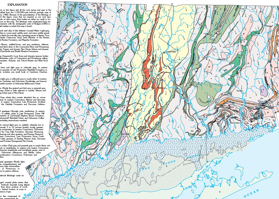 Map of connecticut showing geological terranes in different colors with swirls intermixed.