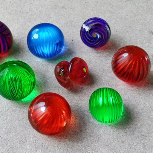 AI art of seven glass beads, with one more partially visible on the edge.