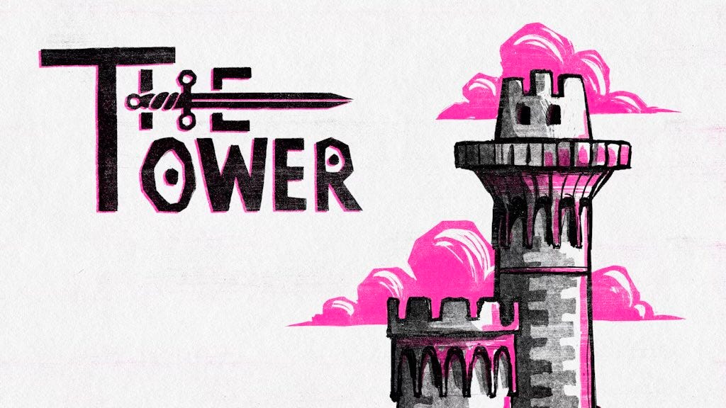 The Tower  An illustration of a wizard’s tower with pink accents