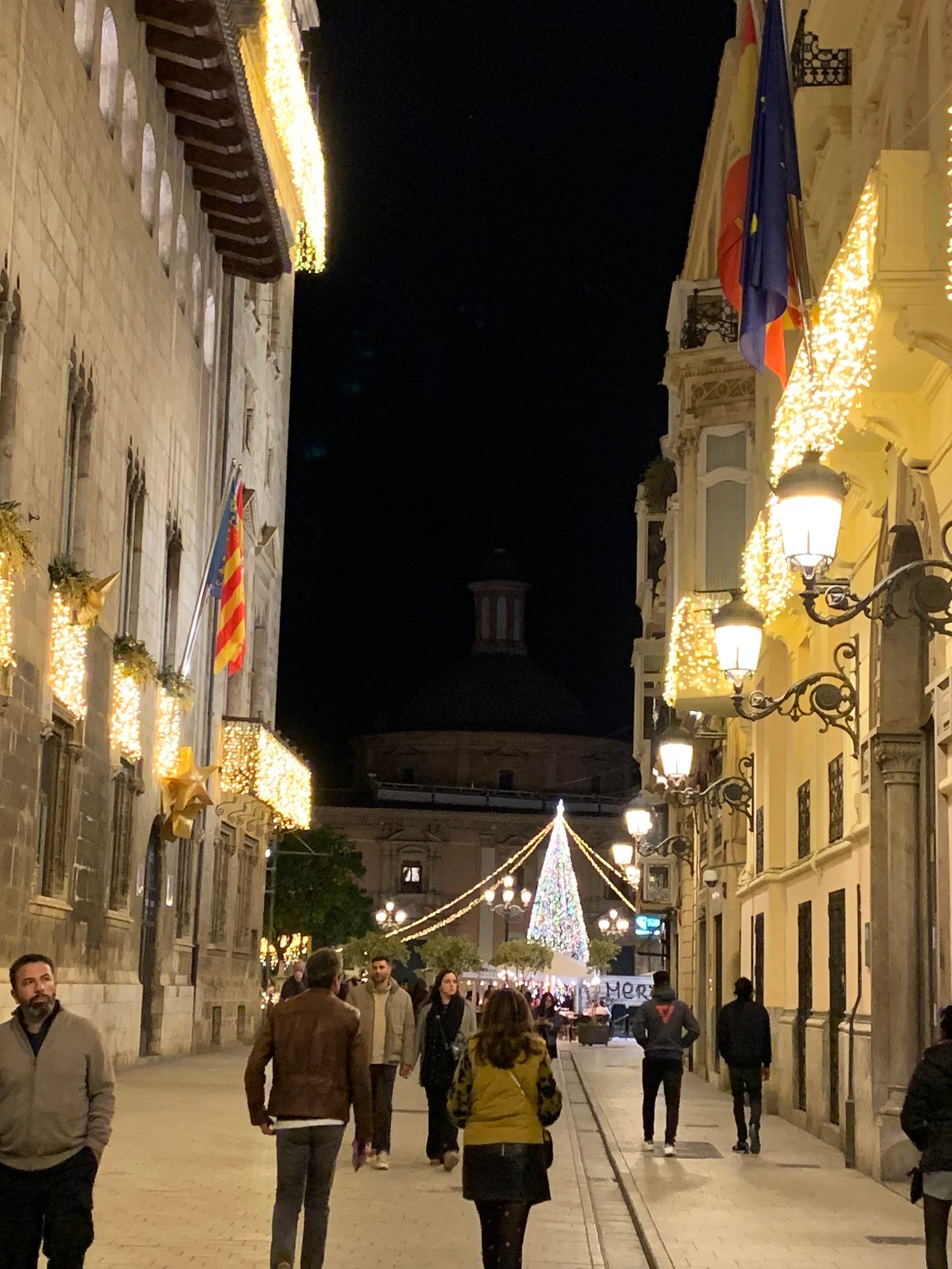 The buildings on both sides of the street are covered in lights as we look towards the Plaza de Virgin