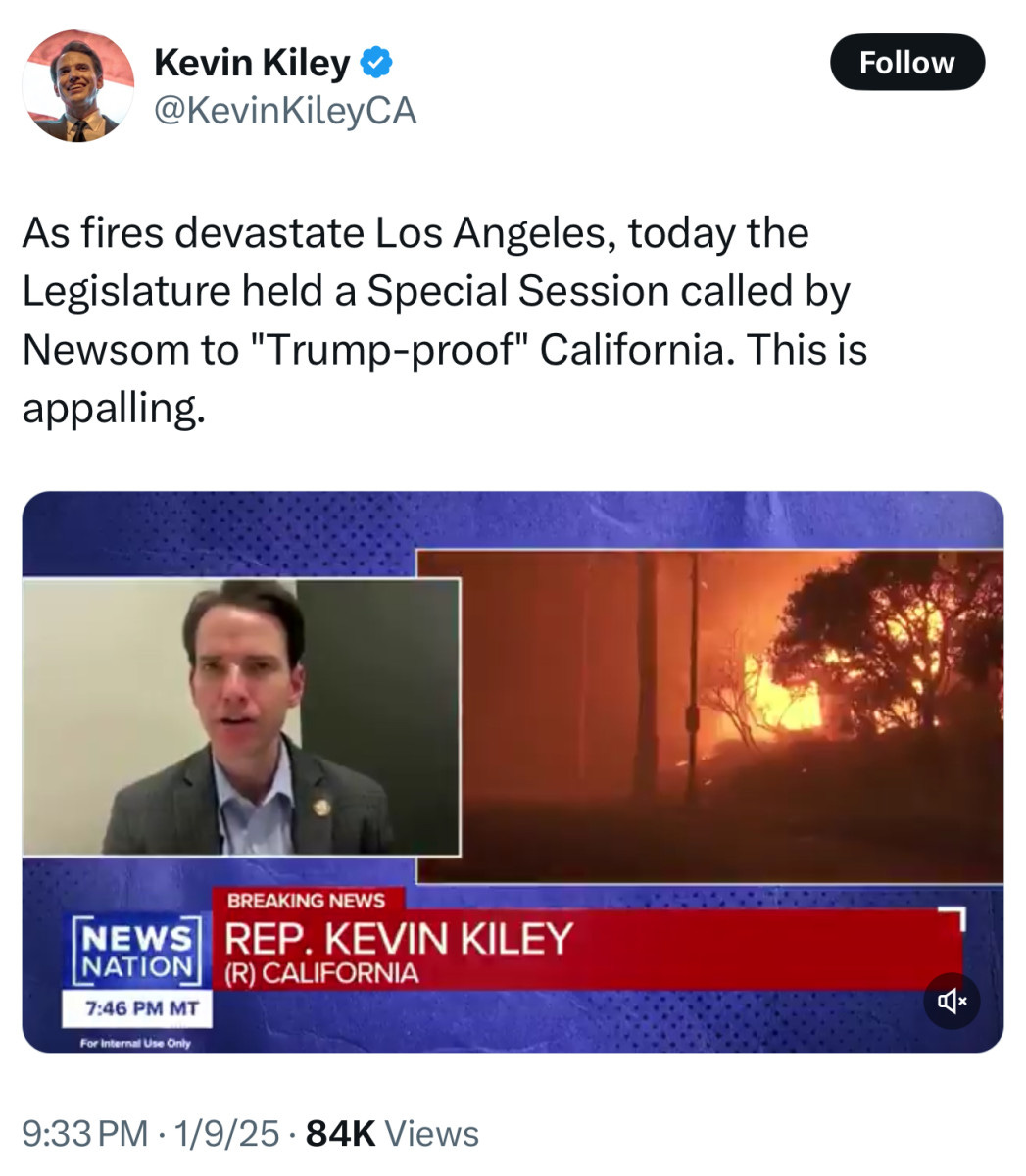 Kevin Kiley criticized state representatives for working in during the fires 