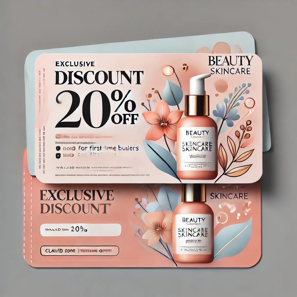 Design of a vibrant coupon for a beauty skincare brand. The coupon should feature a modern and elegant style, with a soothing color palette of soft pastels. Include the words 'Exclusive Discount: 20% Off' in a bold, stylish font. The coupon should have a sleek, minimalistic feel with subtle graphic elements like skincare product icons or botanical illustrations. Add a prominent call-to-action button that says 'Claim Your Offer' at the bottom. Include a line that says 'Valid for First-Time Buyers'. The design should evoke a sense of luxury and exclusivity.