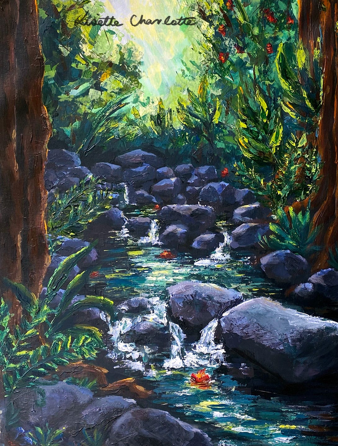 A painting of a river in a rainforest