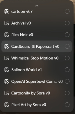 Default presets dropdown on Sora.com