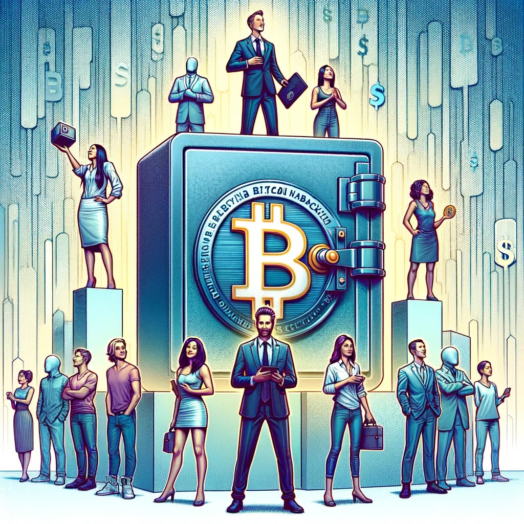 A creative and metaphorical illustration representing the concept of each individual becoming their own bank with Bitcoin. The image should feature a diverse group of people, each standing in front of a small, personalized bank vault or safe that represents their personal financial autonomy. These vaults should have the Bitcoin logo on them, symbolizing that they are empowered by Bitcoin. The individuals should appear confident and in control, highlighting the idea of personal financial sovereignty and independence. The background can be abstract or minimalistic to keep the focus on the individuals and their personal banks.