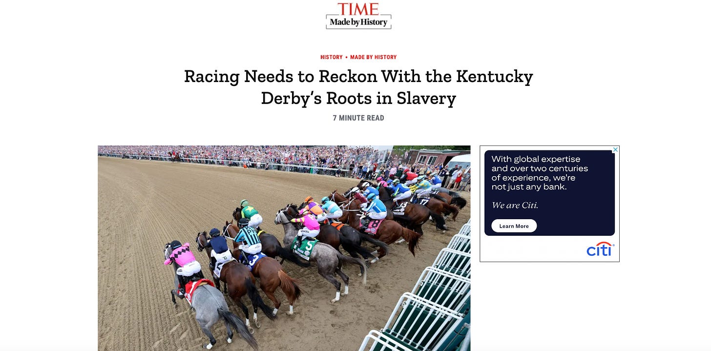 Screen capture of Time Magazine article about racist roots of Kentucky Derby