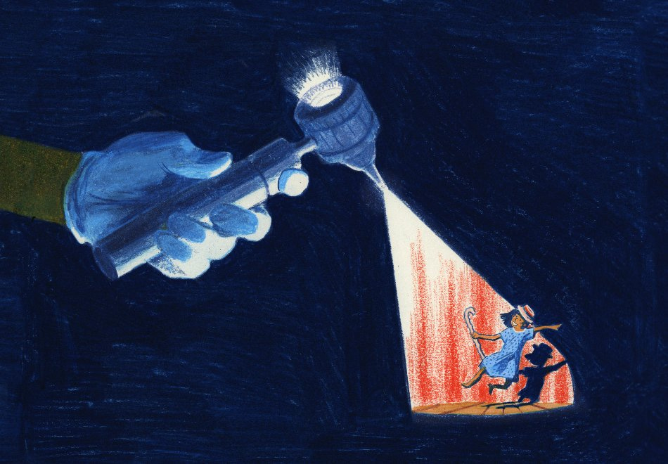 A doctor's diagnostic light in a gloved hand, emerges from the dark and shines a spotlight on a woman performing on a stage
