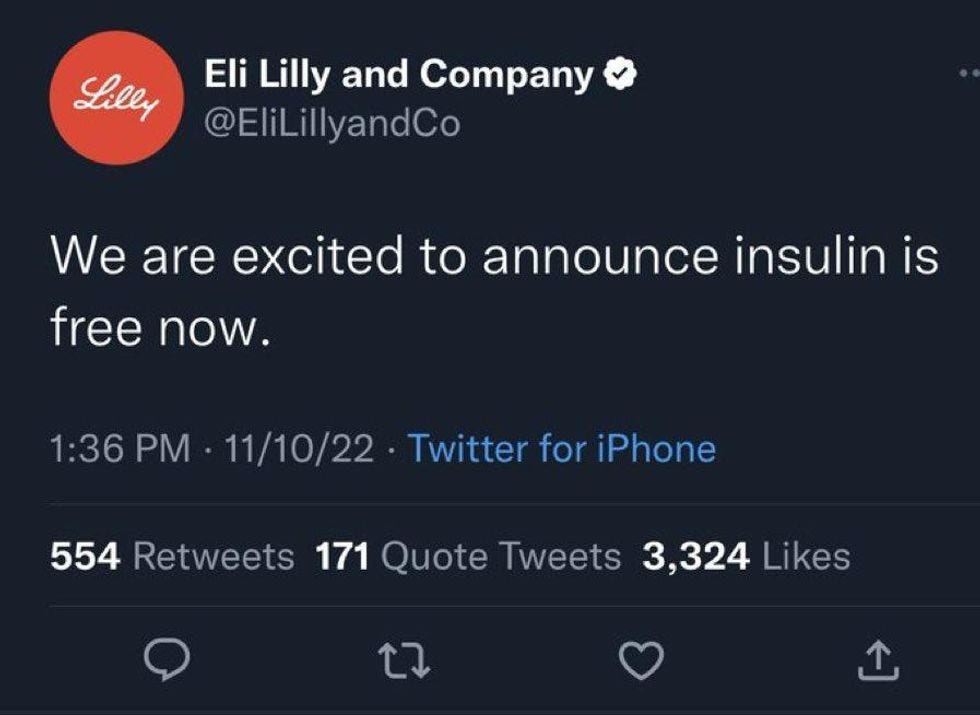 Eli Lilly: We are excited to announce that insulin is now free