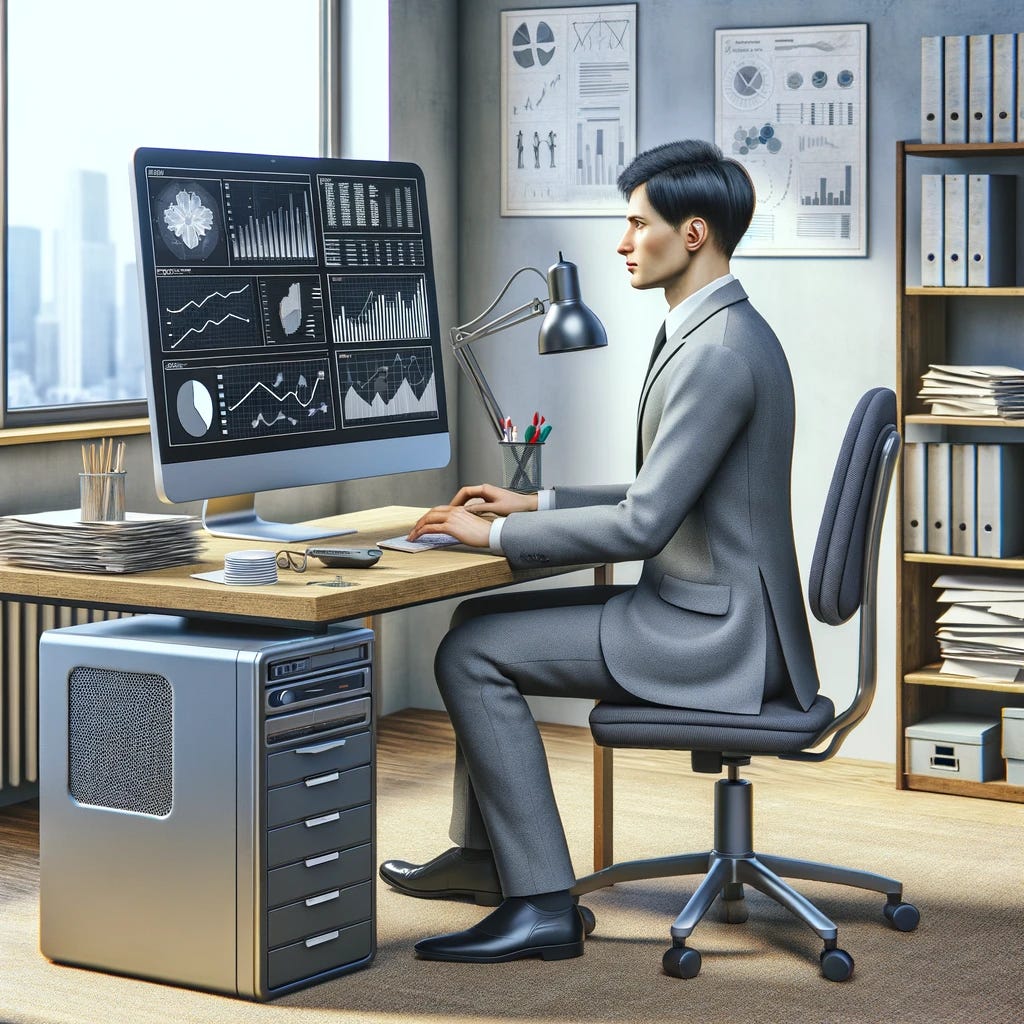 A more traditional office setting where a professional, gender-neutral adult, with short black hair and wearing a standard grey business suit, is using an older, bulky computer. The screen displays simple, static charts and basic analytics. The setting includes a conventional desk cluttered with papers and basic office supplies, symbolizing a less advanced integration of AI tools and business intelligence applications. The office has a smaller window with a view of a less dynamic urban scene, and plain overhead lighting creates a mundane atmosphere of work.