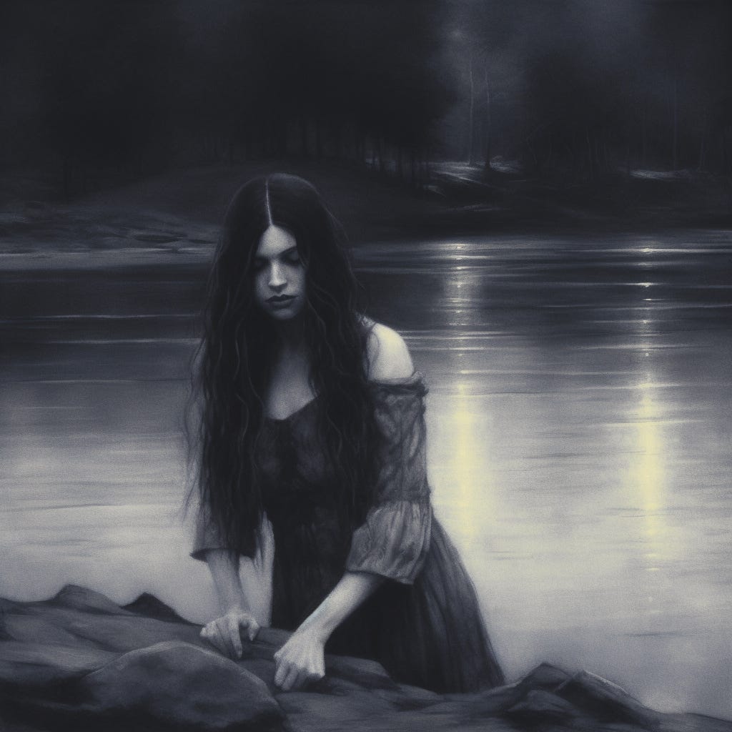 A dark haired woman stands mournfully — and seductively — beside a lake.