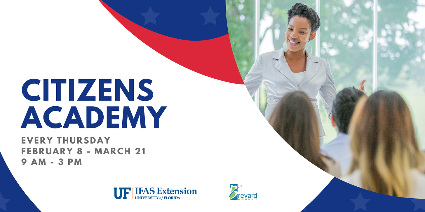Citizens Academy banner. Every Thursday, February 8 - March 21, 9 a m - 3 p m