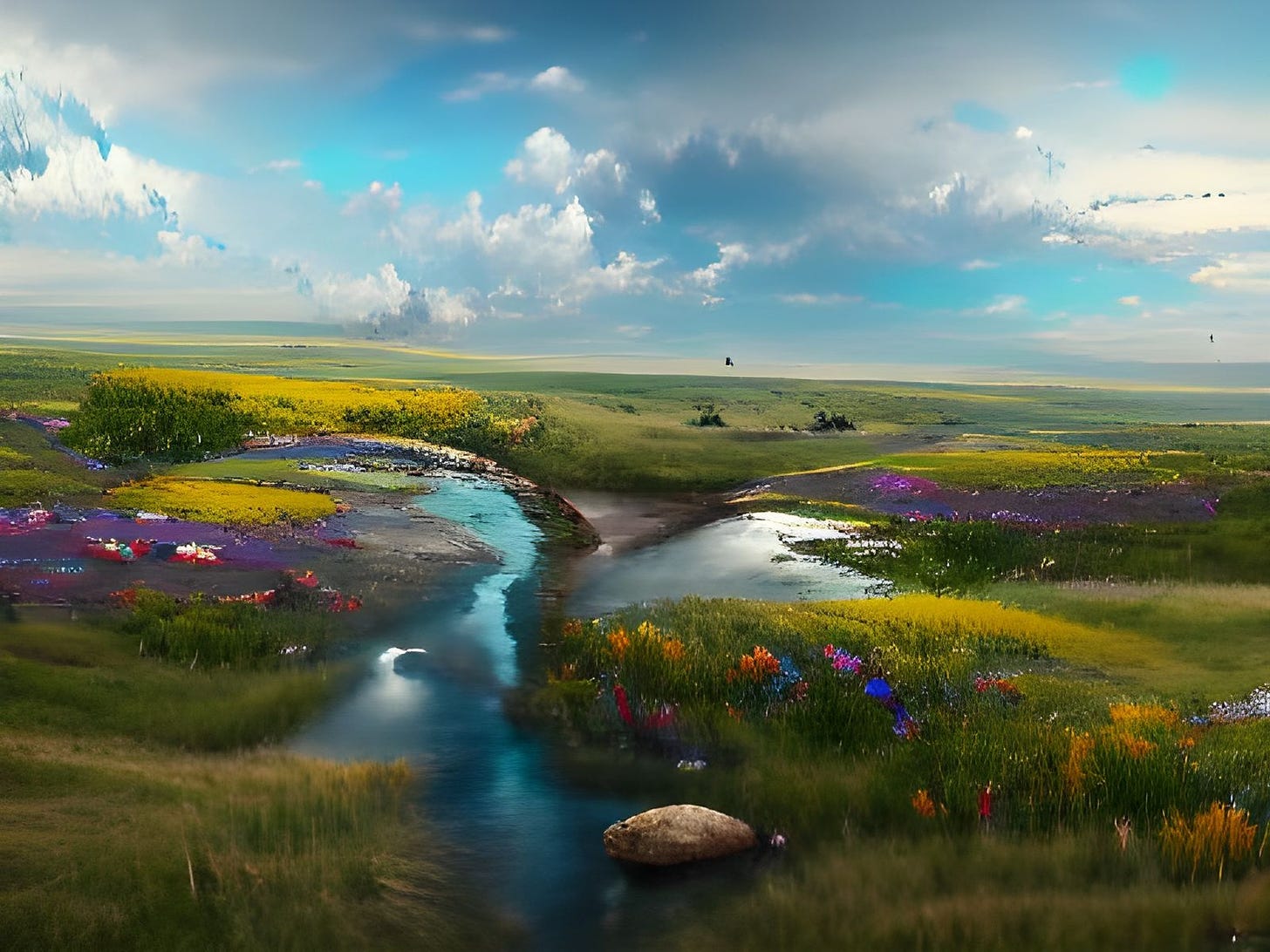 A gorgeous, beautiful, amazing landscape with a river running through a beautiful prairie full of wildflowers