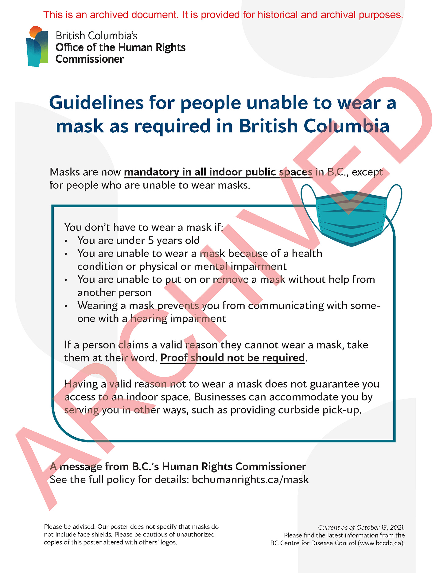 A preview of the Exemptions to the mandatory mask order in British Columbia poster. Click to view PDF.