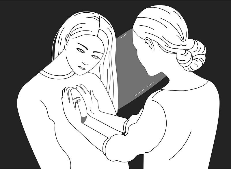 Black-and-white illustration of a female character looking inside another woman.