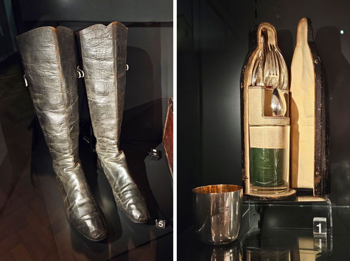 A composite image of a pair of black leather boots on the left and a leather case containing silver cuttlery on the right