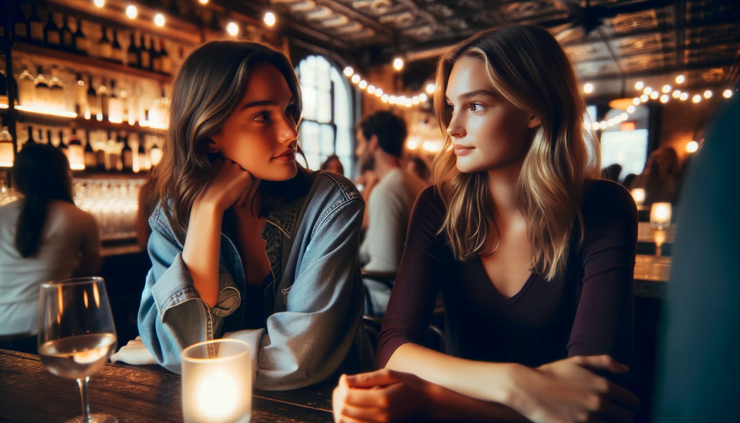 Two young women, Emma and Cheryl, both in their late twenties, sitting together in a dimly lit wine bar in the West Village, New York. They appear thoughtful and engaged in a deep conversation, reflecting on their life choices amid the cozy and intimate atmosphere of the bar, with soft glowing lights surrounding them.