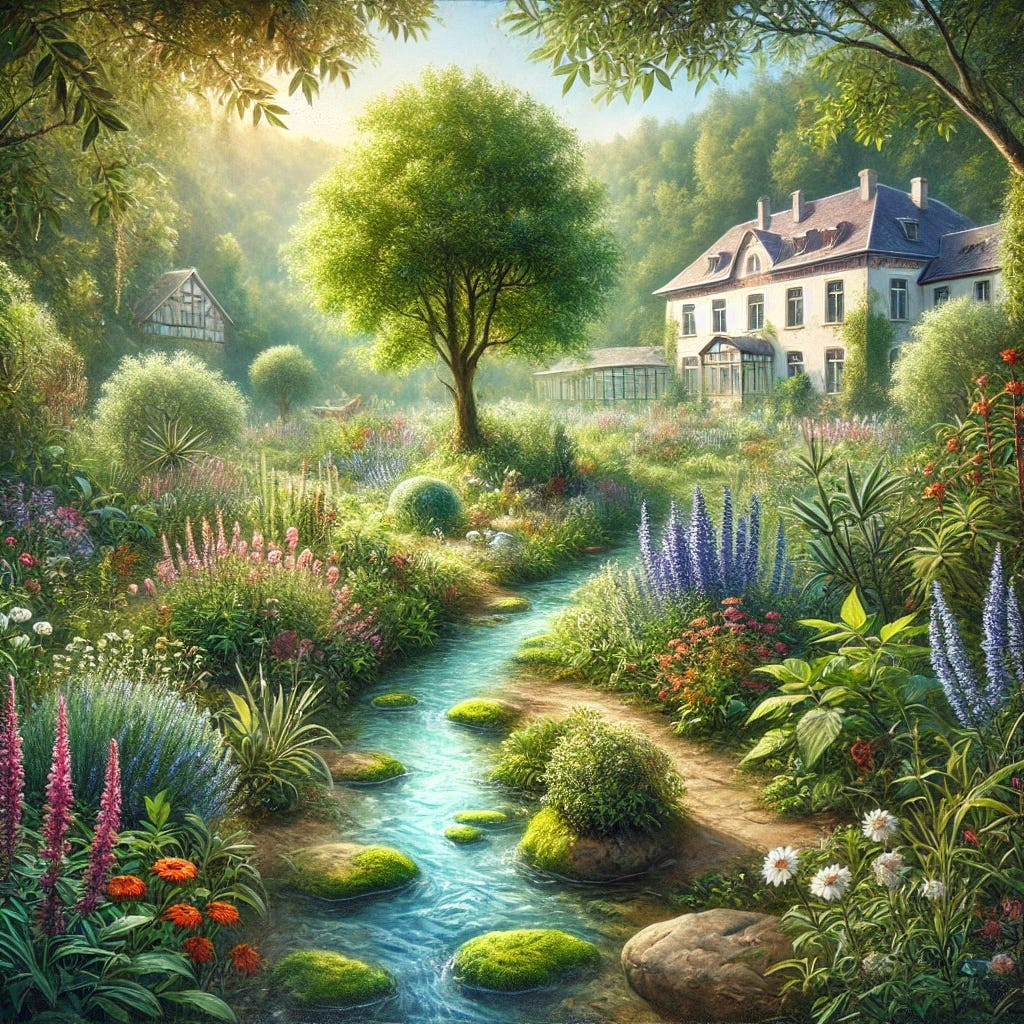 A beautiful, detailed oil painting depicting a serene and healing garden environment, symbolizing holistic cancer therapies. The garden is filled with lush greenery, medicinal herbs, and vibrant flowers, creating a sense of peace and tranquility. In the center of the garden, there is a gentle stream with clear water, reflecting the sunlight. In the background, a traditional European-style clinic is partially visible, suggesting a connection between nature and advanced healthcare. The overall atmosphere is one of harmony, wellness, and natural healing.