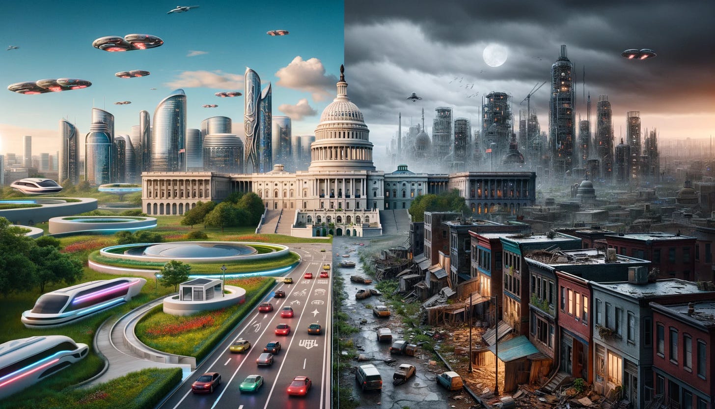 A side-by-side depiction of two versions of Washington DC, each featuring a US Capitol-like building. On the left, a futuristic, prosperous Washington DC: A modernized, gleaming US Capitol building surrounded by advanced skyscrapers, flying cars, and vibrant green spaces. The environment is clean and lively, showcasing a city thriving with technological advancements. On the right, a Washington DC in decline without any people: A neglected, deteriorating US Capitol building amidst dilapidated buildings, overgrown streets, and abandoned cars. The scene is devoid of human presence, with an overcast sky emphasizing the sense of abandonment and decay.