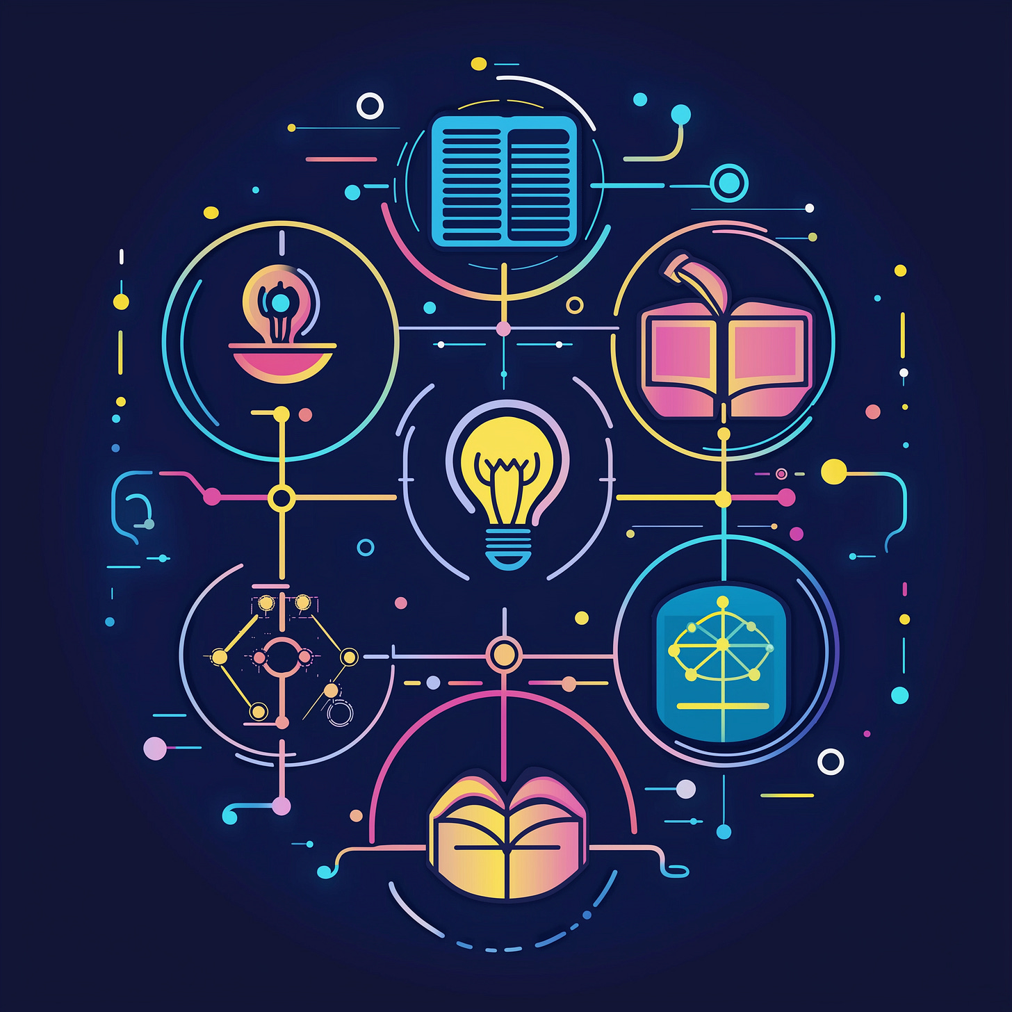A sleek, minimalist vector-style infographic illustrating "Five Practical Strategies for Thriving in an AI-Driven World." The design features five interconnected geometric icons arranged in a circular flow, connected by thin, glowing circuit lines in Electric Blue, Sunset Pink, and Sunshine Yellow.  Each icon represents a core strategy:  Lifelong Learning: An open book with digital connections, symbolizing continuous AI education. Human-AI Collaboration: A stylized merging of a human and AI network, depicting synergy. Adaptability & Innovation: A glowing light bulb integrated with circuit elements, representing creative problem-solving. Ethical AI Awareness: A structured AI framework within a balanced network, signifying responsible AI use. Data Literacy & Critical Thinking: A neural-inspired system with abstract data points, illustrating AI-driven insights. The background is a deep navy gradient with subtle grid patterns and floating digital nodes, reinforcing AI’s structured yet evolving nature. The overall aesthetic is modern, futuristic, and logo-like, maintaining symmetry, clarity, and a minimalist vector design approach. No text included.