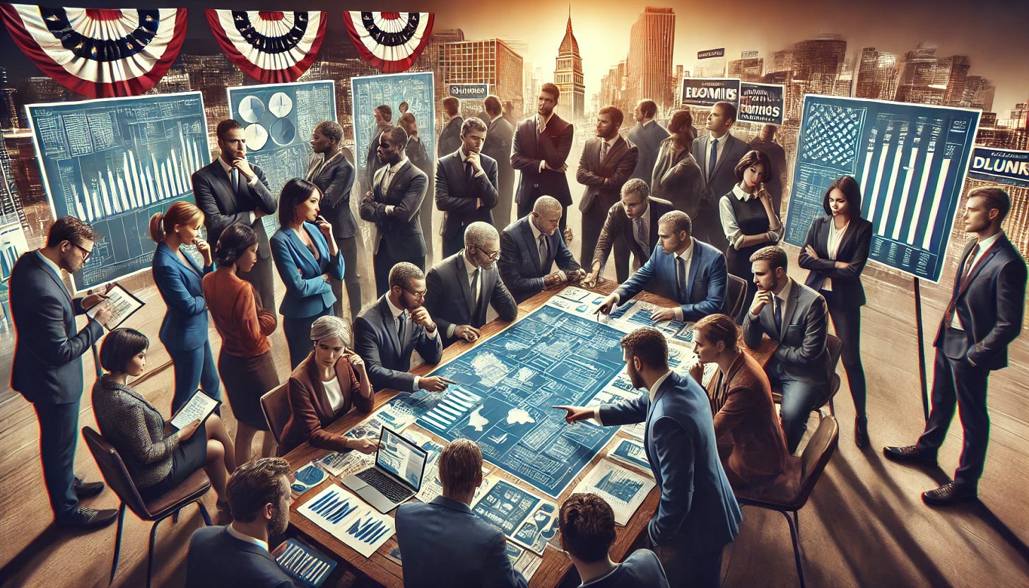 A dynamic political scene showing a diverse group of campaign strategists, with equal representation of men and women and 33% people of color, huddled around a table filled with blueprints, charts, and digital screens. The strategists are intensely discussing and pointing at plans and data. In the background, a cityscape with campaign posters and billboards. The atmosphere is serious, with muted tones and focused expressions, capturing the meticulous, strategic planning necessary for victory in elections. The image reflects the teamwork, diversity, and strategic process behind winning elections.