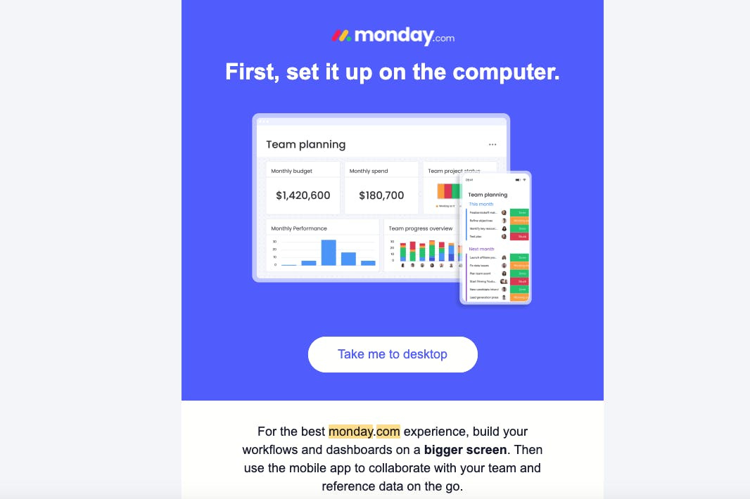 Monday.com email with a strong call to action CTA