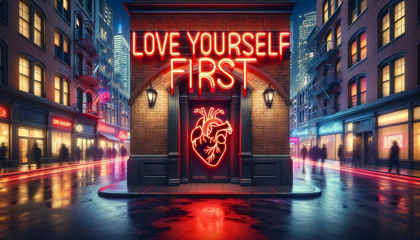 Create a wide landscape image featuring red neon letters spelling out "love yourself first" in a handwritten font, positioned above a doorway in a vibrant city night scene. Below the neon text, include a small anatomical heart design, also illuminated in neon. The setting should capture the dynamic atmosphere of the city at night, with the neon glow reflecting off the wet streets and silhouettes of people moving in the background. The architecture around the doorway should reflect typical urban elements, with brick walls and other cityscape features.