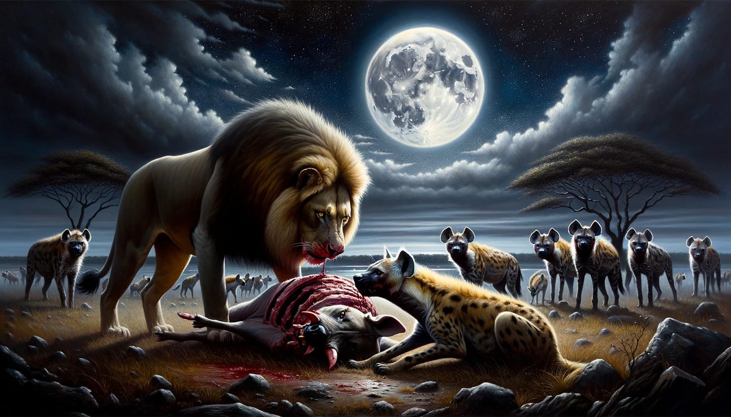 Oil painting of a dramatic African savannah scene under a full moon. A lion and hyena face off over a recent kill, their eyes reflecting the moon's light, while the silhouettes of other members of their packs watch in the background.