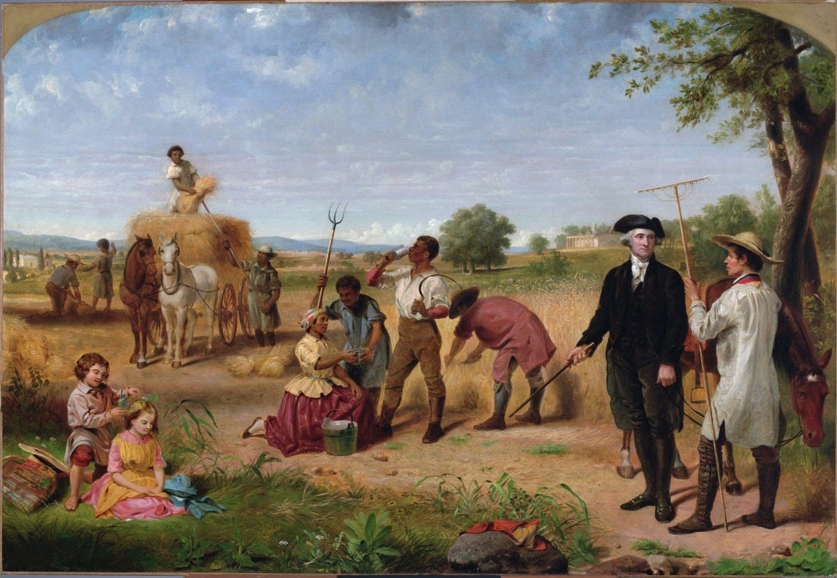 Painting  "Washington as Farmer at Mount Vernon", 1851, part of a series on George Washington by Junius Brutus Stearns. Located at the Virginia Museum of Fine Arts. Public domain image.