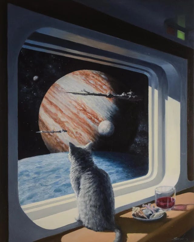 Cat looking out of a window of a spaceship.