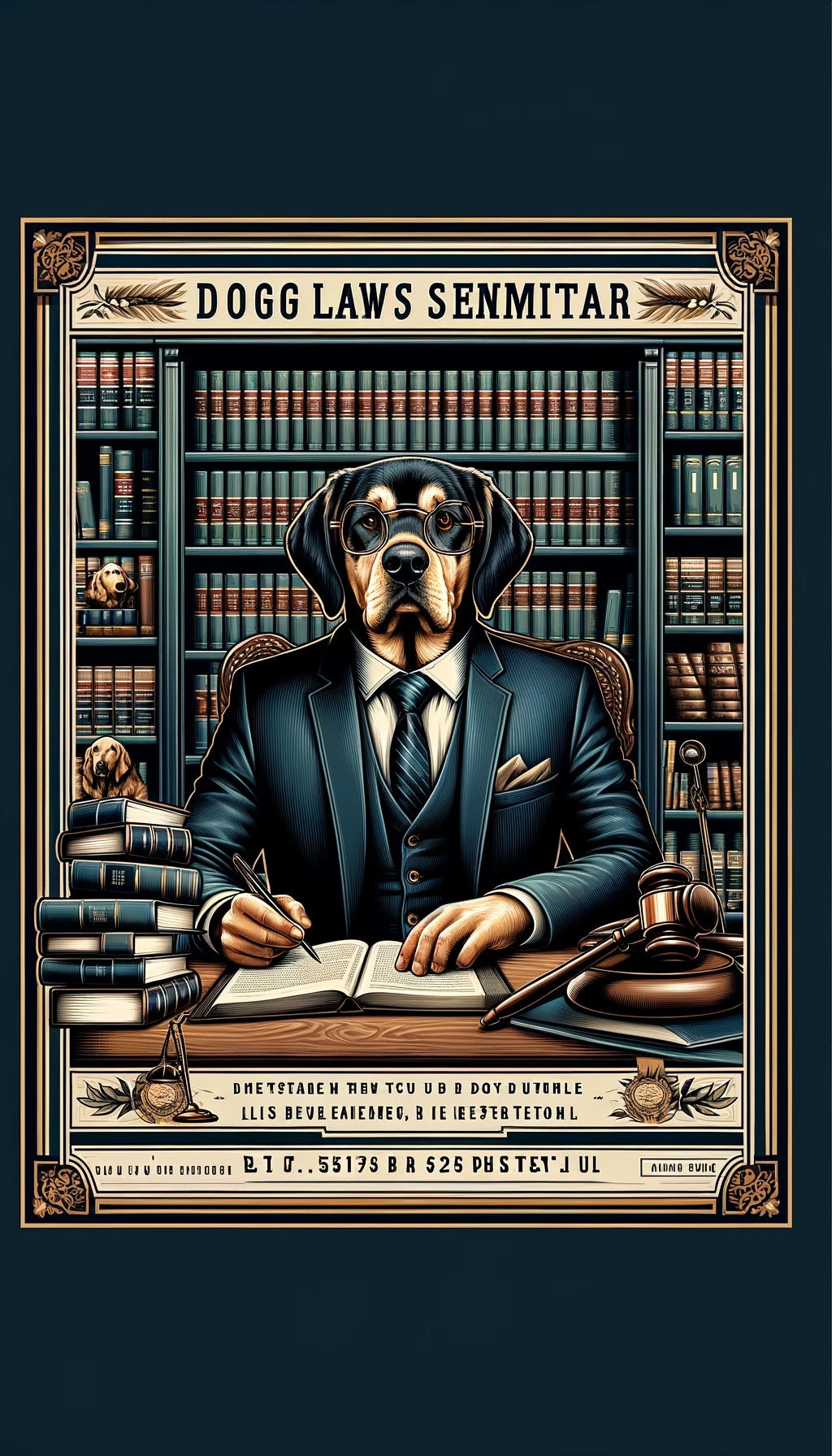 Design a professional and informative poster for a dog law seminar. The poster should include a central image of a dignified dog wearing a pair of glasses and sitting at a desk, surrounded by books and legal documents. The setting should resemble a lawyer's office, with a backdrop of bookshelves filled with law books. Incorporate subtle elements that reflect the seminar's focus on dog-related legal issues, such as a gavel and a nameplate on the desk reading 'K9 Counsel'. The color scheme should be sophisticated, with shades of navy blue, dark green, and gold, providing a serious yet welcoming atmosphere.