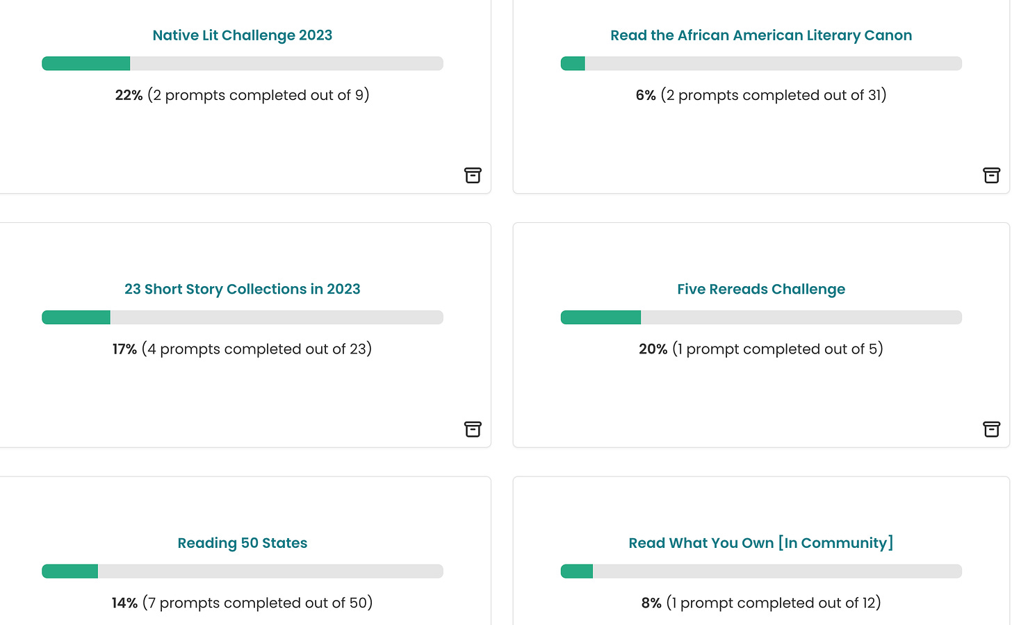 Screenshot of my Storygraph Reading Challenges page, showing 6 challenges I’m participating in: Native Lit Challenge, Read the African American Literary Canon, 23 Short Story Collections, Five Rereads Challenge, Read 50 States, and Read What You Own in Community.