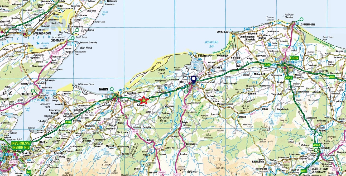Map of the western portion of the Moray Firth coast and hinterland, showing the location of Auldearn in Nairnshire