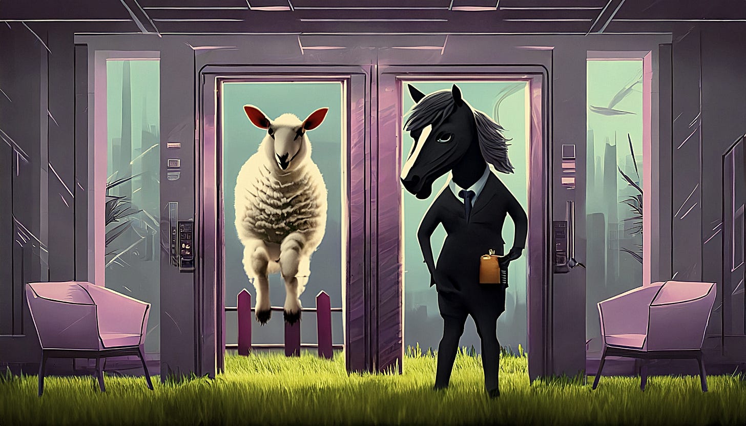 A stylized lobby with grass floor with two elevator doors open from which emerge a sheep jumping over a fence and a dark horse wearing a suit and carrying a briefcase. A stylized lobby with grass floor with two elevator doors open from which emerge a sheep jumping over a fence and a dark horse wearing a suit and carrying a briefcase.