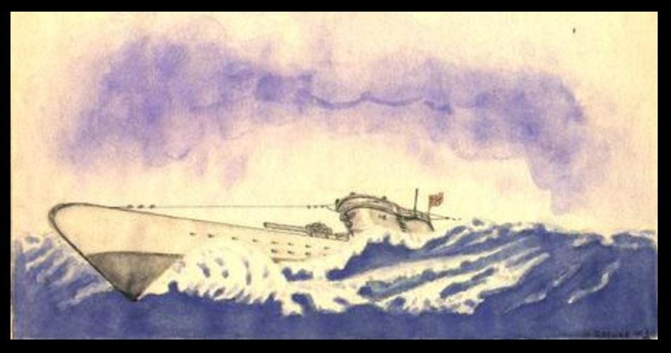 Watercolor painting of German submarine U-352 by Kapitänleutnant Hellmut Rathke