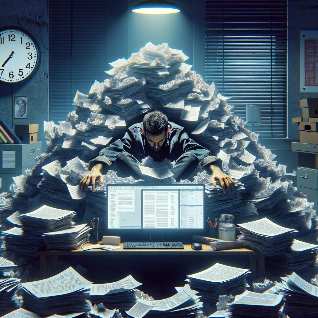 A digital collage representing the struggle with content debt. The image features a person sitting in front of a computer, surrounded by a mountain of paper documents, symbolizing overwhelming content. Their facial expression conveys stress and exhaustion. The computer screen shows multiple open tabs and documents, suggesting a hectic workflow. In the background, a clock is ticking, representing the pressure of time. The room is cluttered, reflecting disorganization and chaos. The lighting is dim, adding to the atmosphere of being overwhelmed. The image conveys the feeling of being buried under a mountain of content responsibilities.
