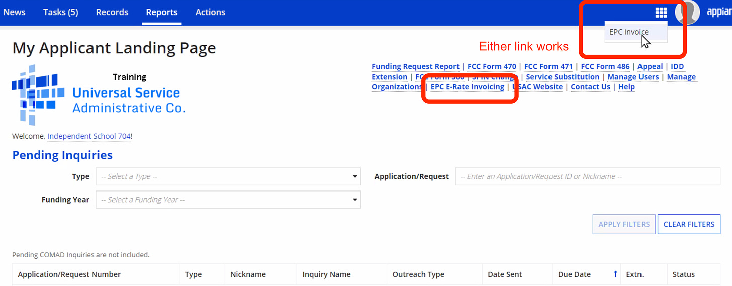 E-rate Productivity Center landing page, highlighting E-rate invoicing link.