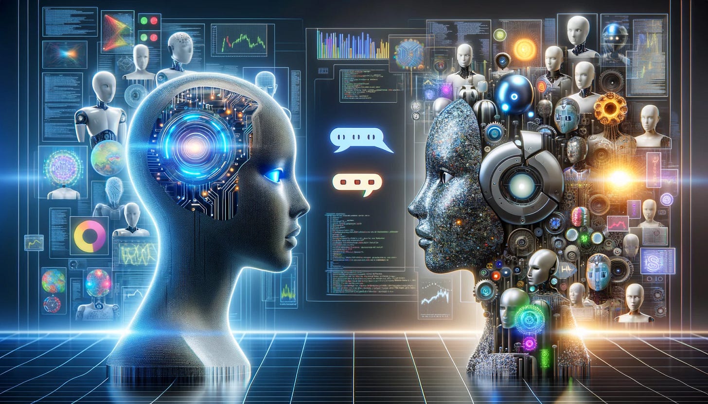 A conceptual image representing the decision-making process in choosing between ChatGPT and open source large language models (LLMs) in the finance sector. The scene is divided in half: on the left, a futuristic AI (ChatGPT) depicted as a sleek, digital humanoid figure with glowing circuits and a chat bubble icon, symbolizing advanced conversation abilities. On the right, a diverse group of open source LLMs represented by a collage of various robotic figures, each with distinct features like gears, code snippets, and mathematical symbols, illustrating their customizable and varied nature. In the background, a modern finance setting with digital screens showing graphs and data.