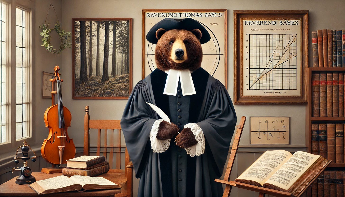 A bear dressed as Reverend Thomas Bayes in 18th-century attire, standing in a scholarly environment with books and mathematical charts. The bear is wearing a dark robe, a white collar, and holding a quill, reflecting Bayes' role as a minister and mathematician. The background features a mix of forest elements and traditional study settings, symbolizing the blend of nature and intellectual pursuit. The scene is lighthearted yet respectful, with a playful expression on the bear's face, evoking a sense of wisdom and curiosity.