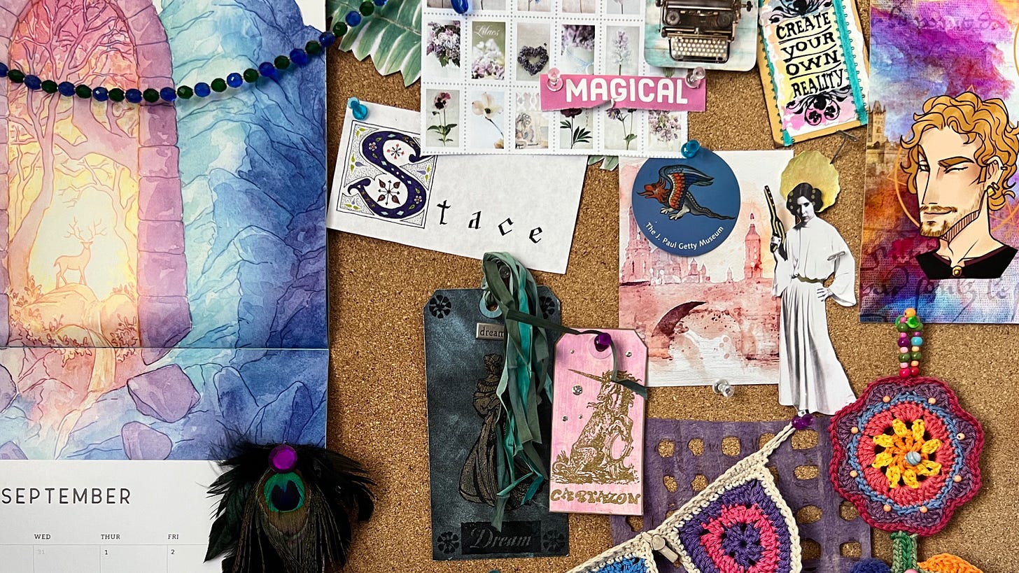 Bulletin board collage with colorful magical items