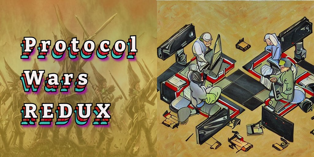 cover for Protocol Wars Redux shows 4 cartoon programmers facing each other, and the title.