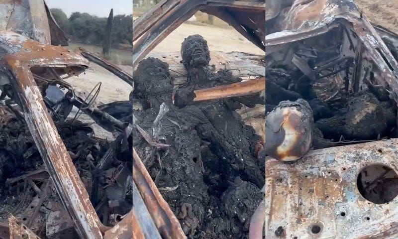 Collage shows stills from a graphic video showing two corpses in a destroyed car