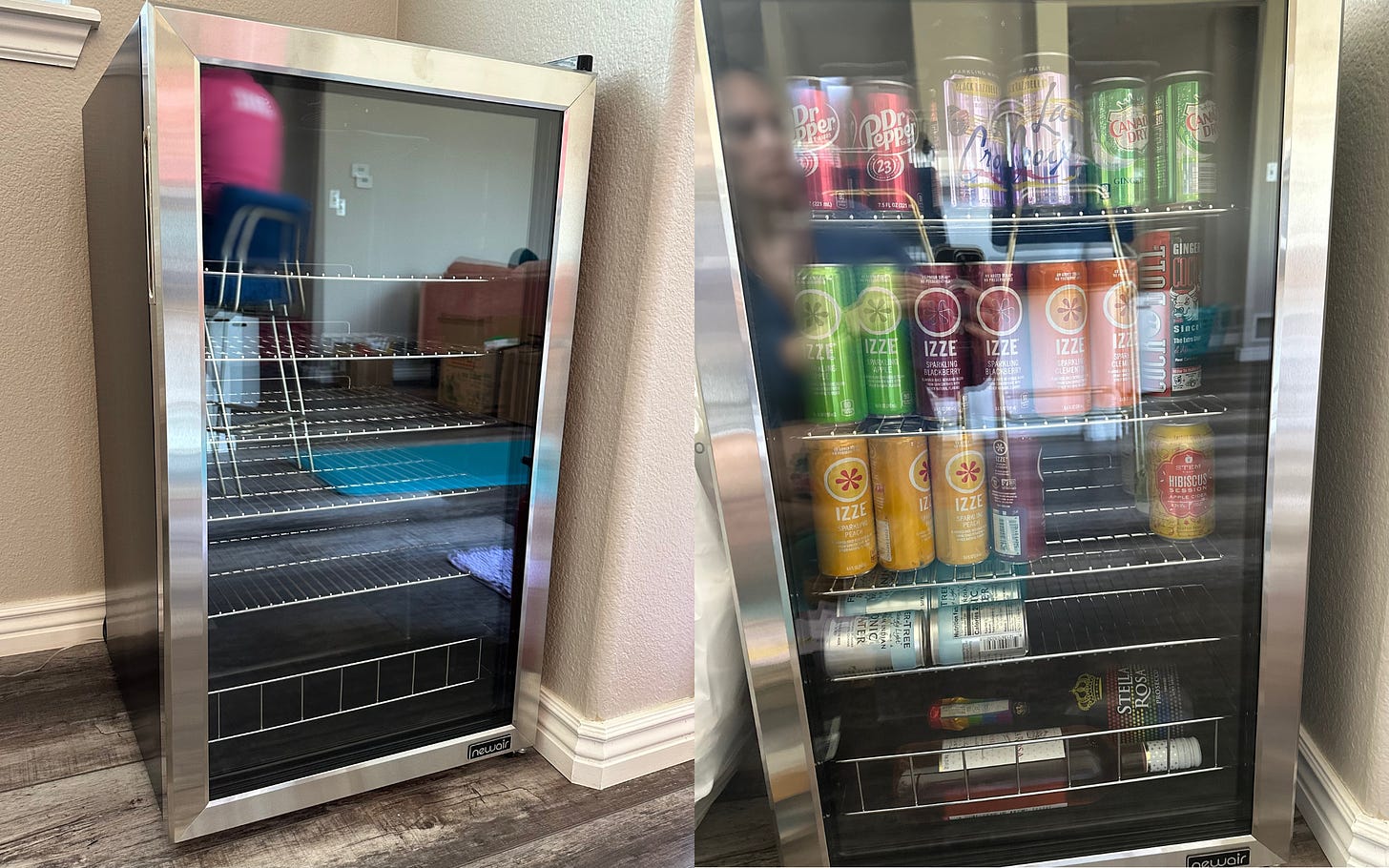 Two photos side by side where the first depicts a small beverage fridge that's empty and the second shows the same fridge stocked with cans and bottles