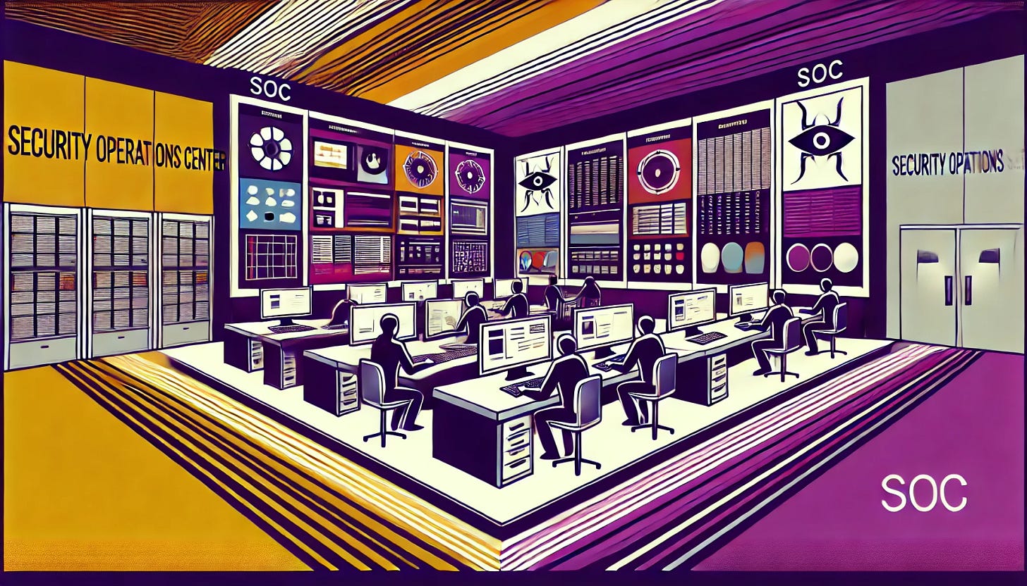 A pop art style illustration depicting a traditional Security Operations Center (SOC). The color palette is restricted to bright purple, bright orange, black, and white, with a white background. The design features a control room with multiple screens displaying security data, analysts monitoring threats, and a structured, high-tech environment. The scene is clean and minimal, emphasizing cybersecurity monitoring and defense.