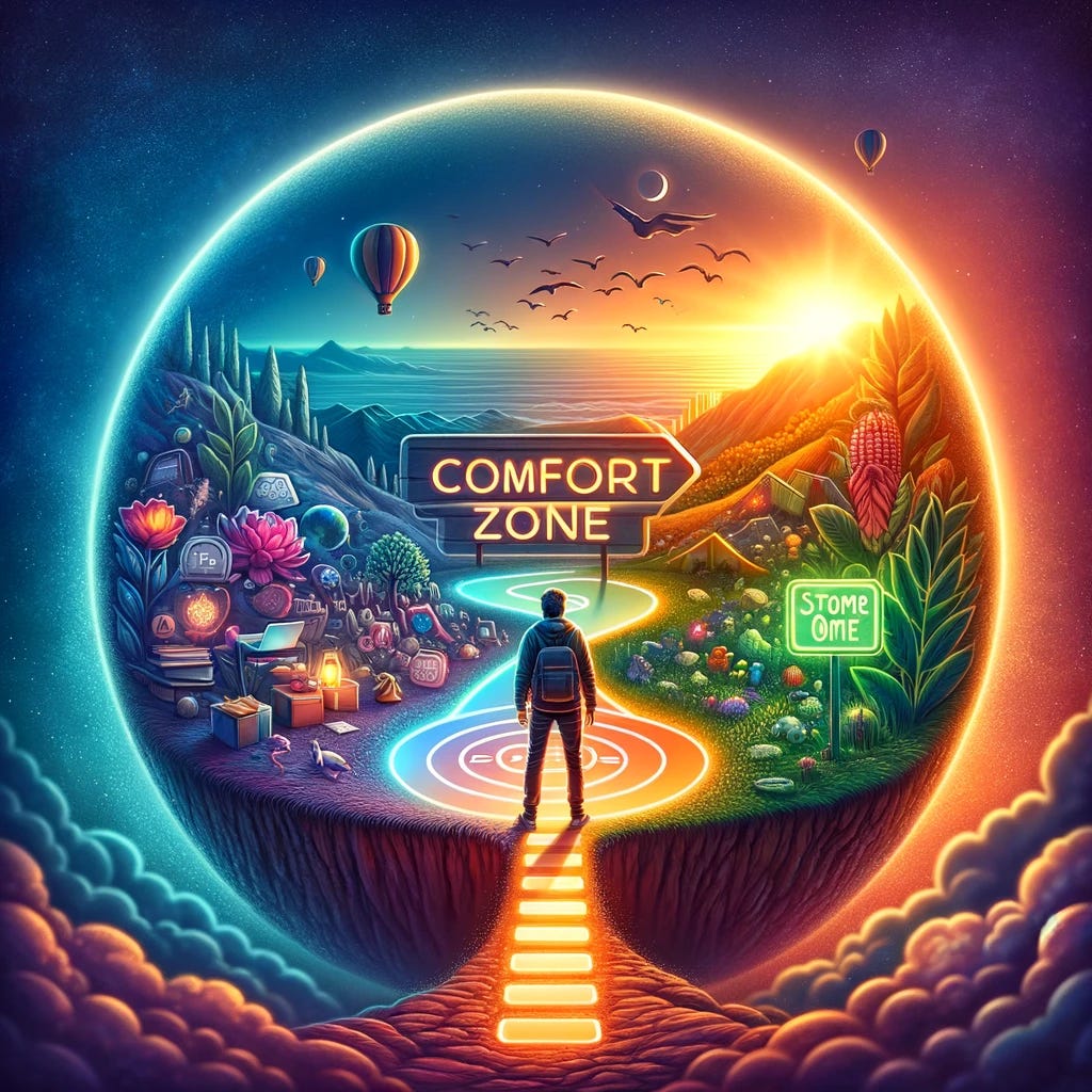 A visual metaphor representing the concept of stepping out of one's comfort zone for growth and achievement. The image depicts a person standing at the edge of a small, cozy circle labeled 'Comfort Zone' and stepping into a vast, colorful landscape filled with symbols of opportunities, challenges, and adventures. The transition area between the comfort zone and the new landscape is marked by a glowing path, indicating growth, change, and the journey towards fulfilling one's dreams. The background is a sunrise, symbolizing new beginnings and the potential that lies beyond the familiar.