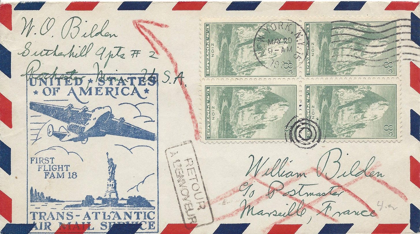 First flight on FAM 18 - trans-Atlantic air mail