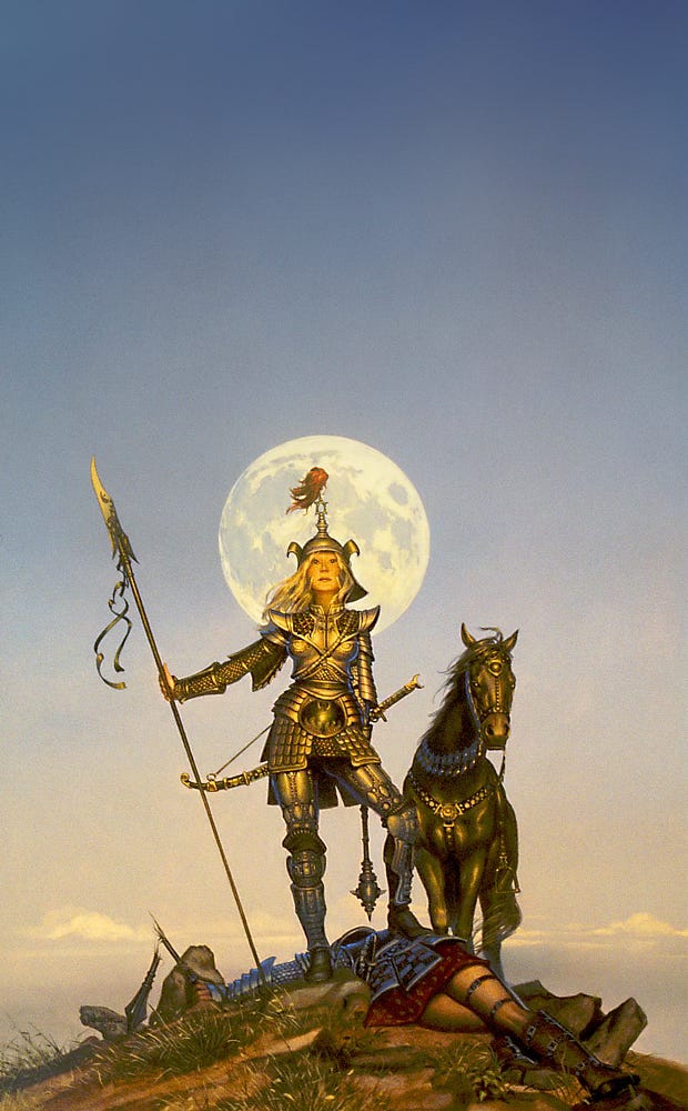 Framed by a full moon rising over hilltop, a female warrior poses triumphantly with her foot on the corpse of a defeated foe. Her heavy armor is a combination of segmented plate and exposed chainmail. Pauldrons flare wing-like, as does the bottom of her helm which is topped with a high tassel. Unrestrained wispy blonde hair is caught by the breeze. She holds a long spear with ribbons also stirring. A heavy mace hangs on her opposite hip while a sword with thin curving blade and crescent ornament on the grip hangs low on her back. A black steed cranes its neck ever so slightly to see around her.