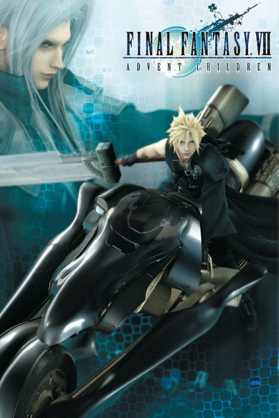 Image of Cloud sitting on his motorbike with Sephiroth and the Logo for Advent Children in the background