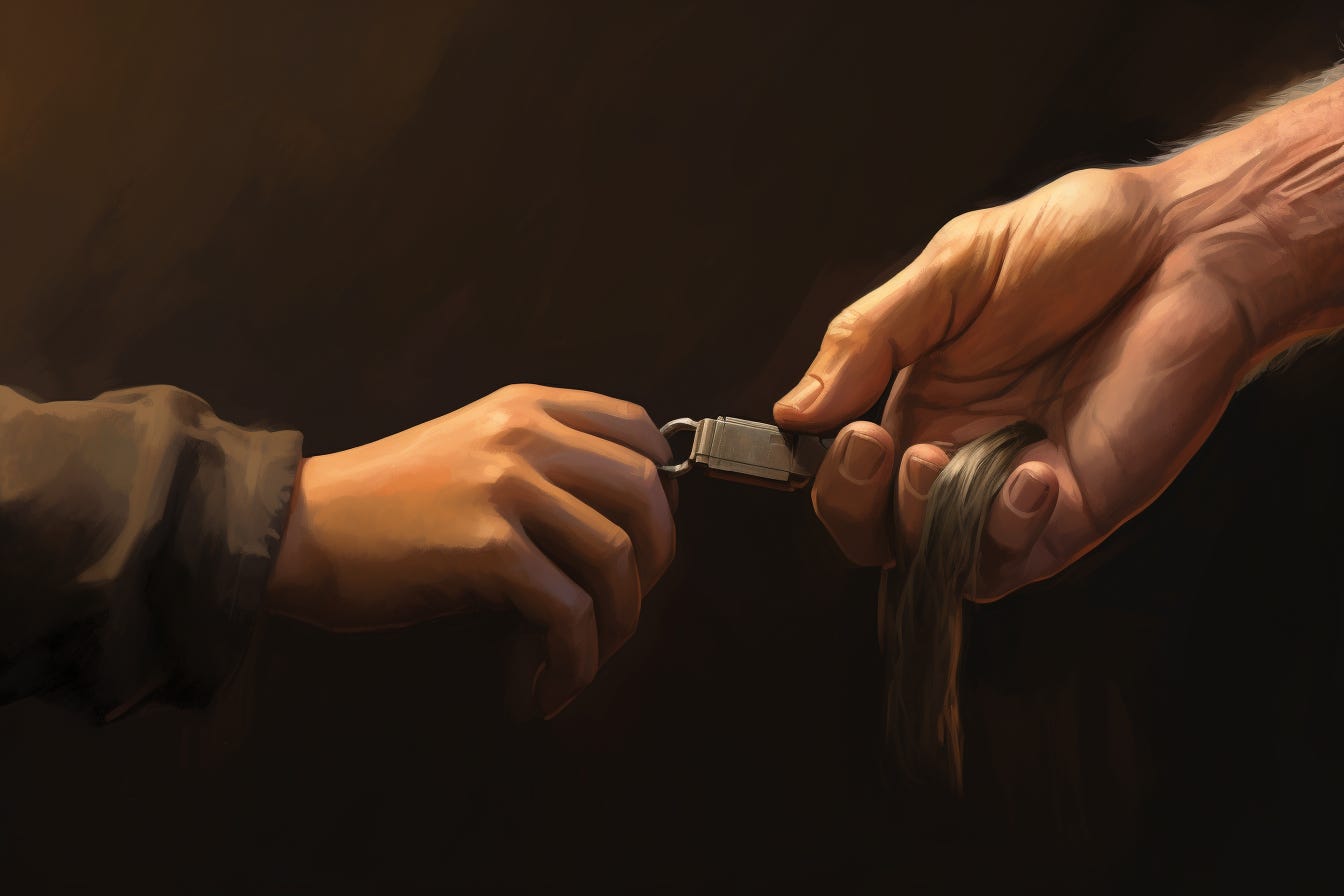 An AI generated digital painting of a father handing a USB key to his daughter.