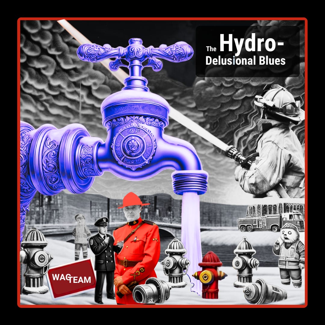 A surreal noir scene featuring an impossibly ornate blue faucet towering over confused Canadian officials and empty fire hydrants. A Mountie stands guard over this fictional water source while a firefighter battles reality in the background. The WAG TEAM logo suggests this fever dream has been officially documented.