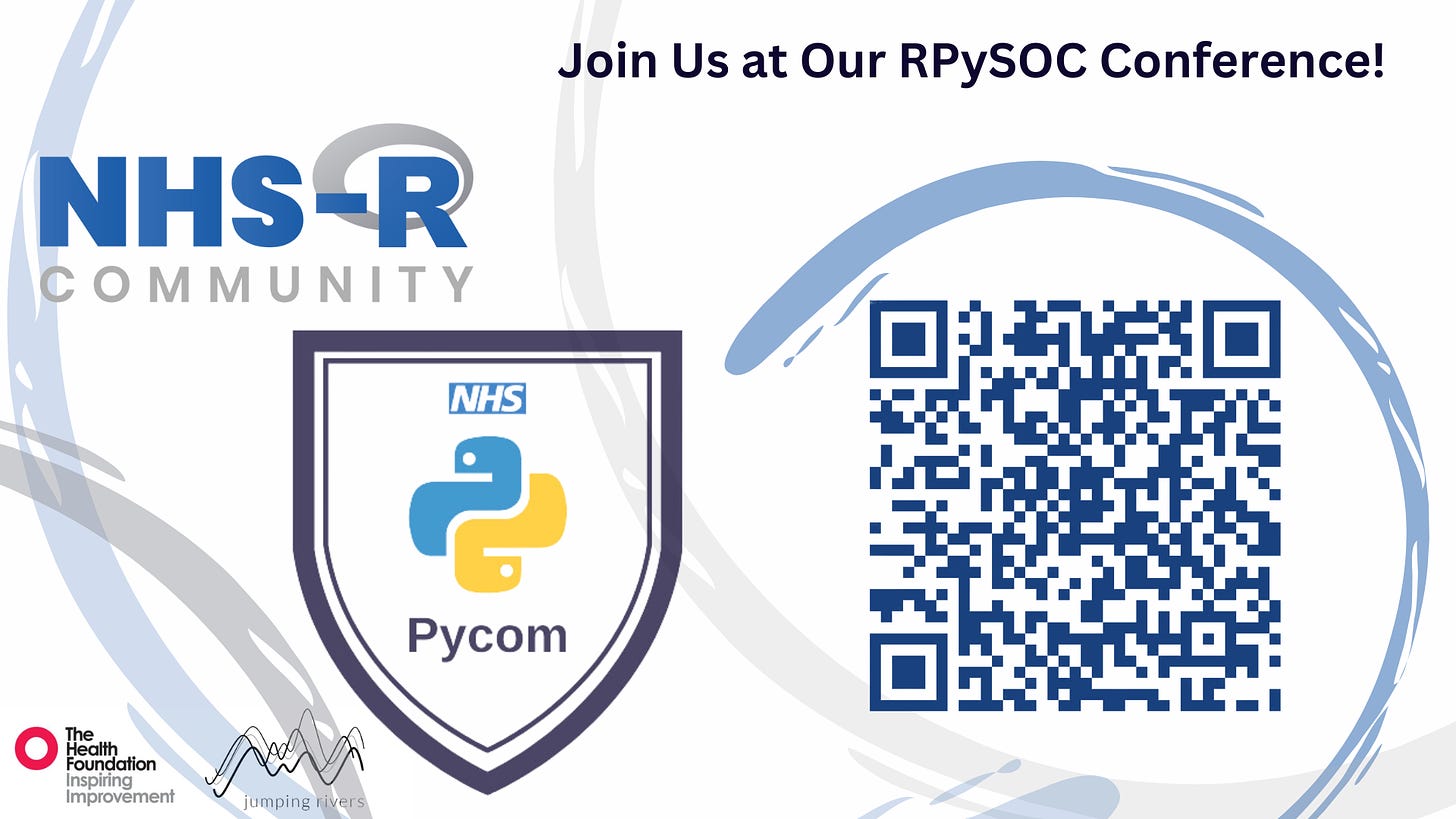 NHS-R Community and NHS.pycom poster saying Join us at our Open Source Conference with QR code